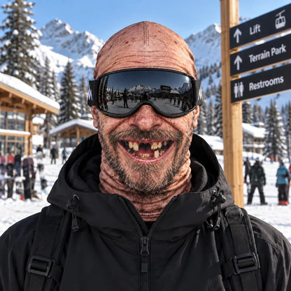 OldShred ski mask worn on the mountain with goggles